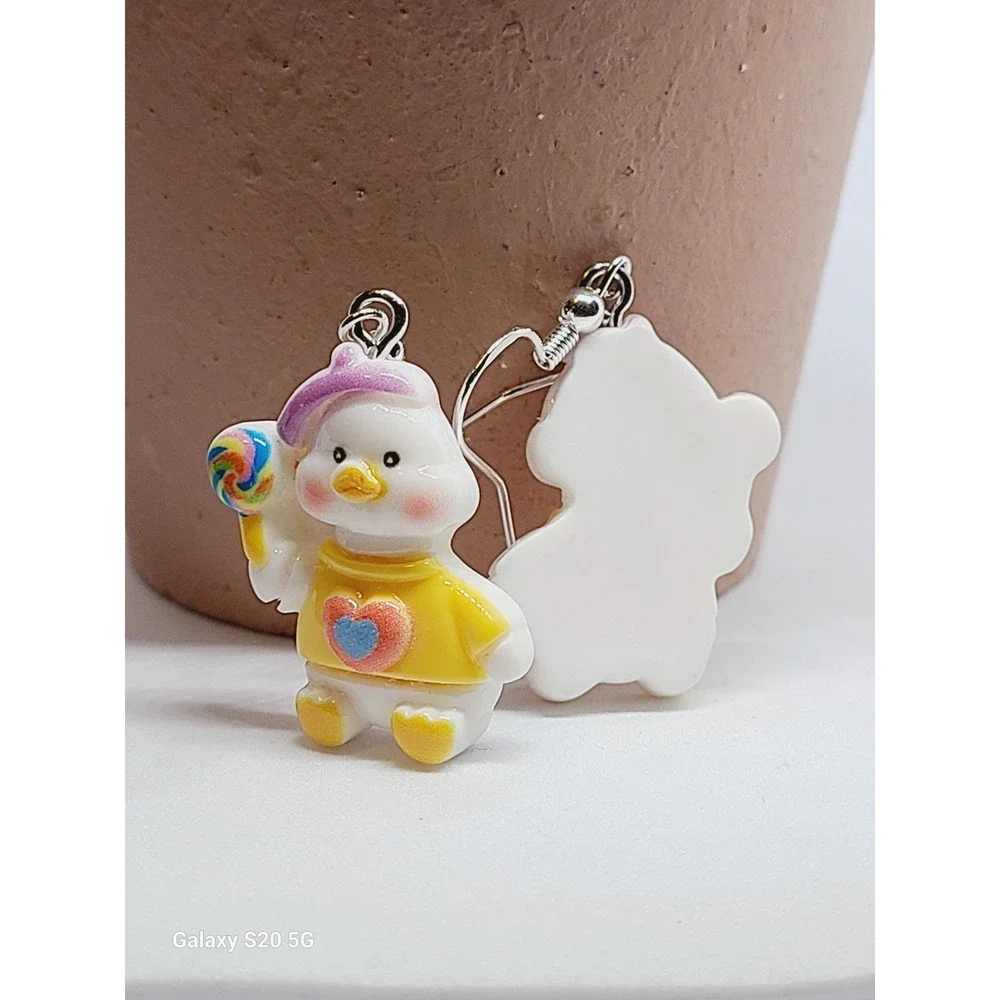 Handmade Duck with Lollipop Resin Drop‎ Earrings Yellow Heart Sweater Novelty